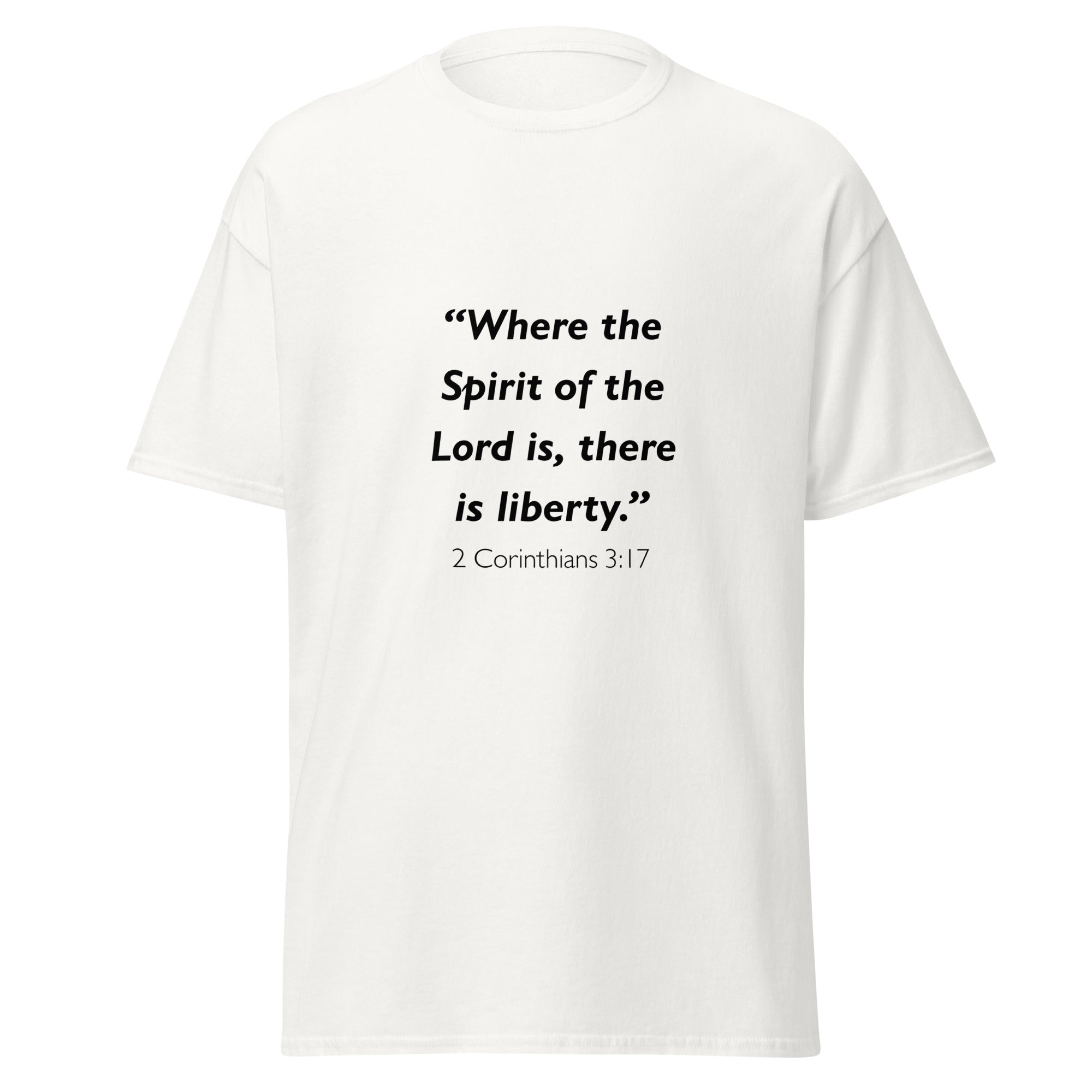 Unisex black t-shirt with 2 Corinthians 3:17 Bible verse printed across the chest