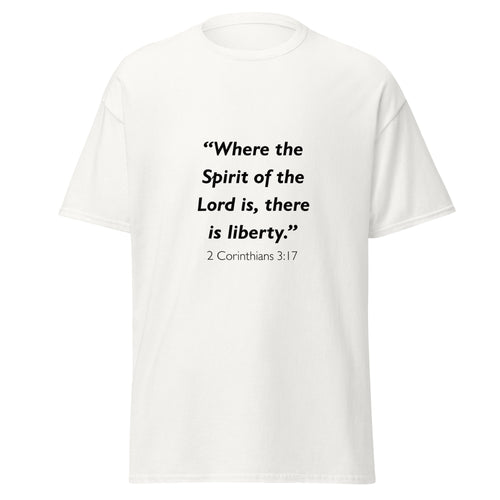 Unisex black t-shirt with 2 Corinthians 3:17 Bible verse printed across the chest