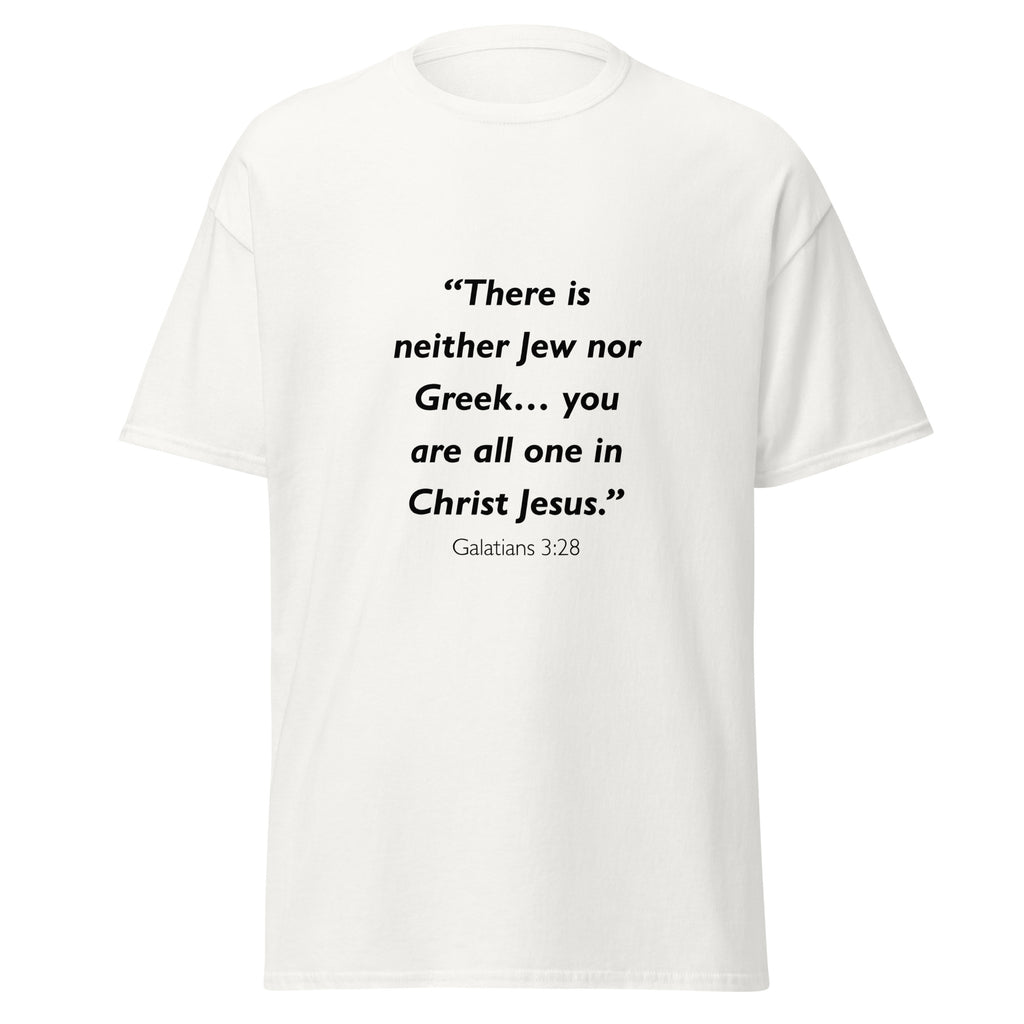 Unisex black t-shirt with Galatians 3:28 Bible verse printed across the chest