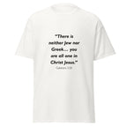 Unisex black t-shirt with Galatians 3:28 Bible verse printed across the chest