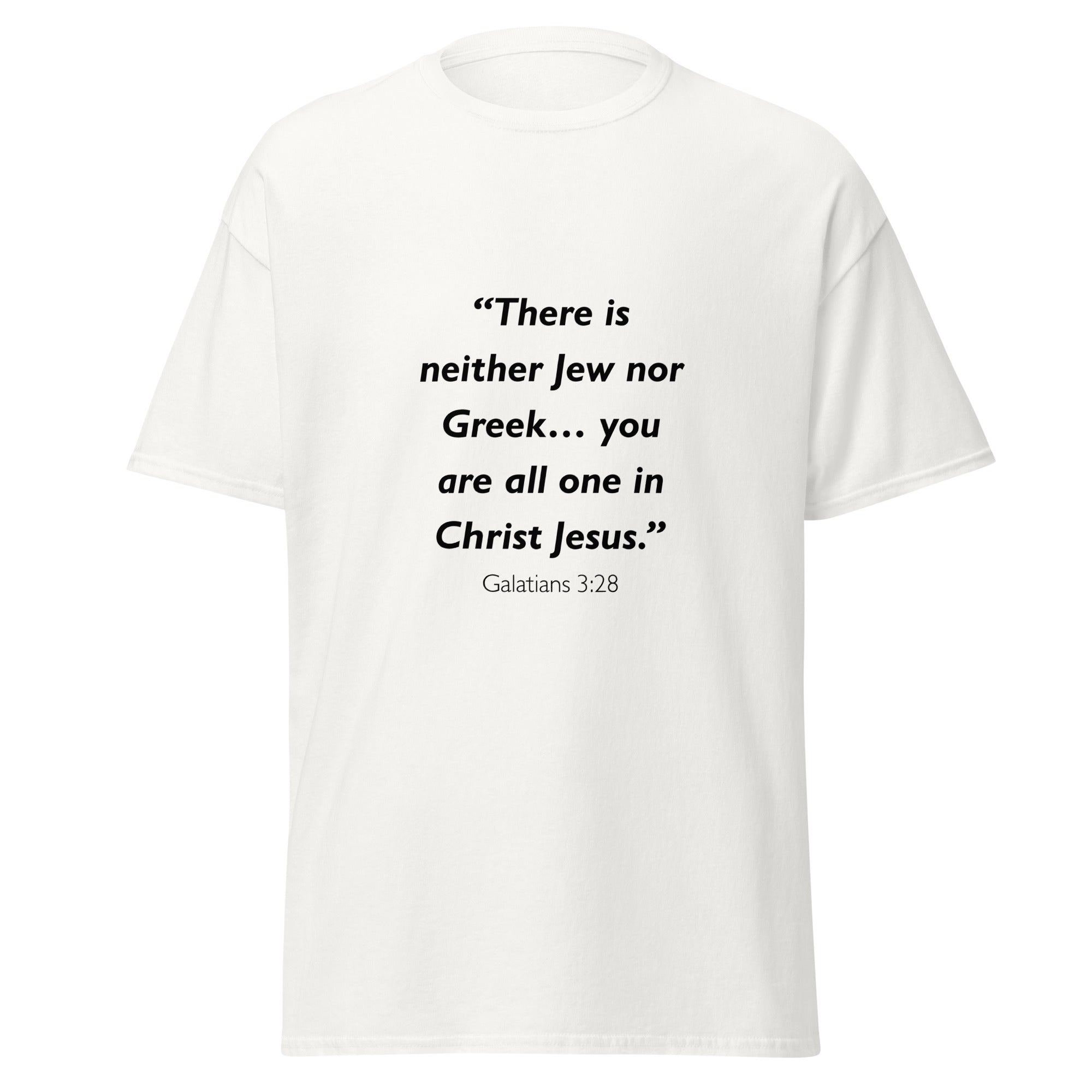Unisex black t-shirt with Galatians 3:28 Bible verse printed across the chest