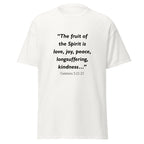Unisex heather gray t-shirt with Galatians 5:22-23 Bible verse printed across the chest