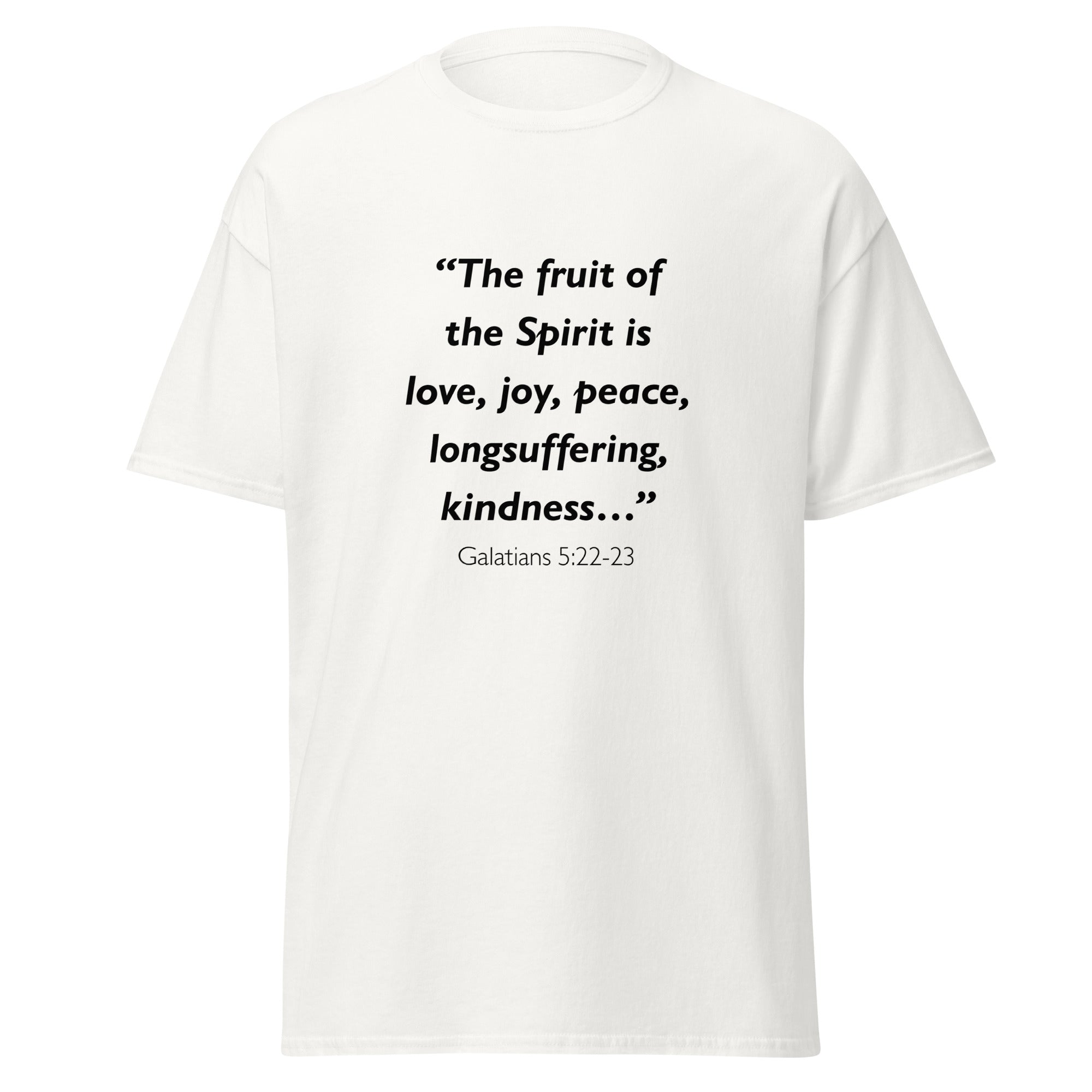Unisex heather gray t-shirt with Galatians 5:22-23 Bible verse printed across the chest