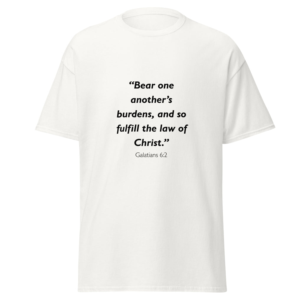 Unisex black t-shirt with Galatians 6:2 Bible verse printed across the chest