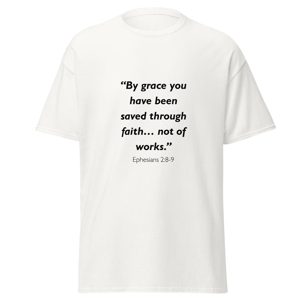 Unisex black t-shirt with Ephesians 2:8-9 Bible verse printed across the chest