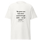 Unisex black t-shirt with Ephesians 2:8-9 Bible verse printed across the chest