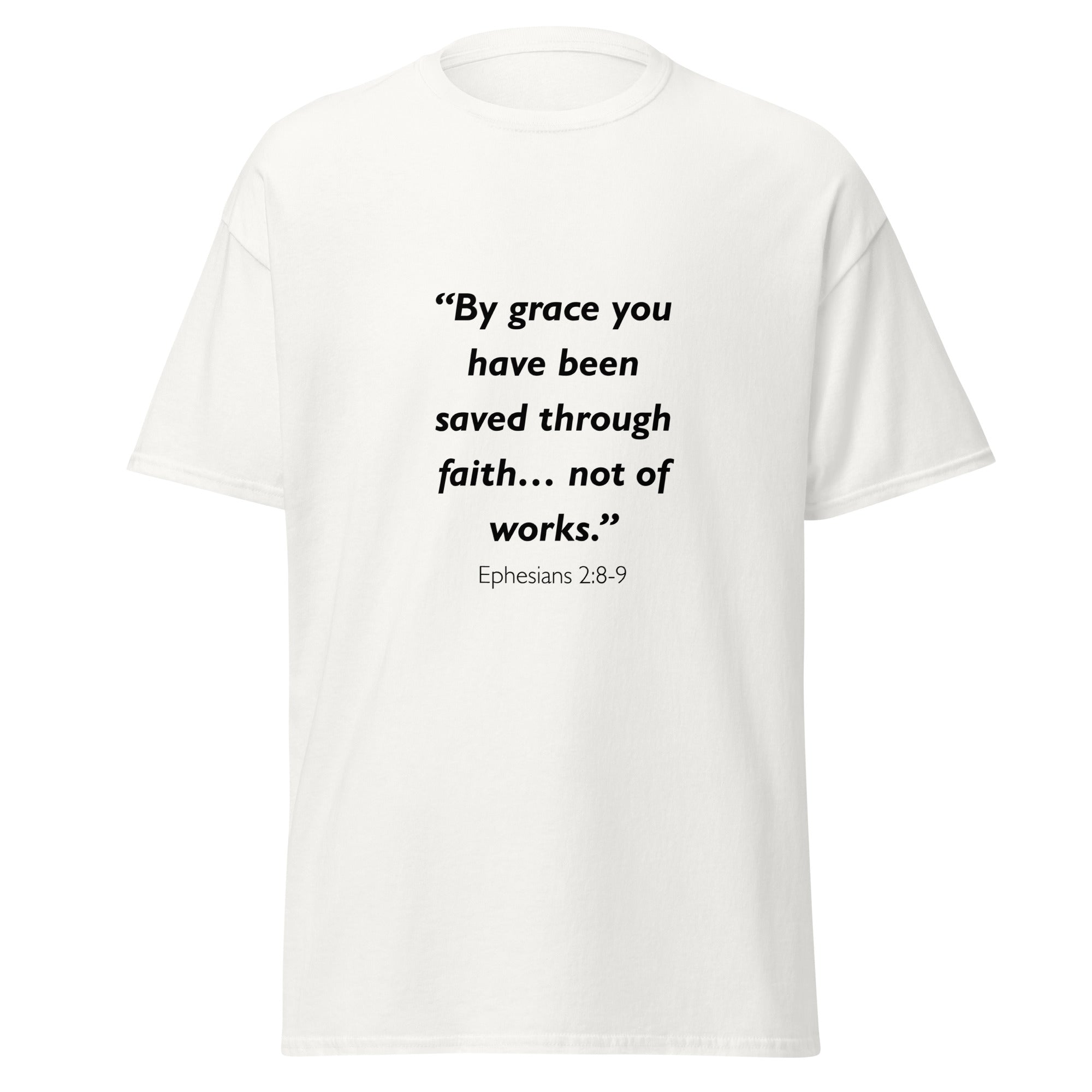 Unisex black t-shirt with Ephesians 2:8-9 Bible verse printed across the chest