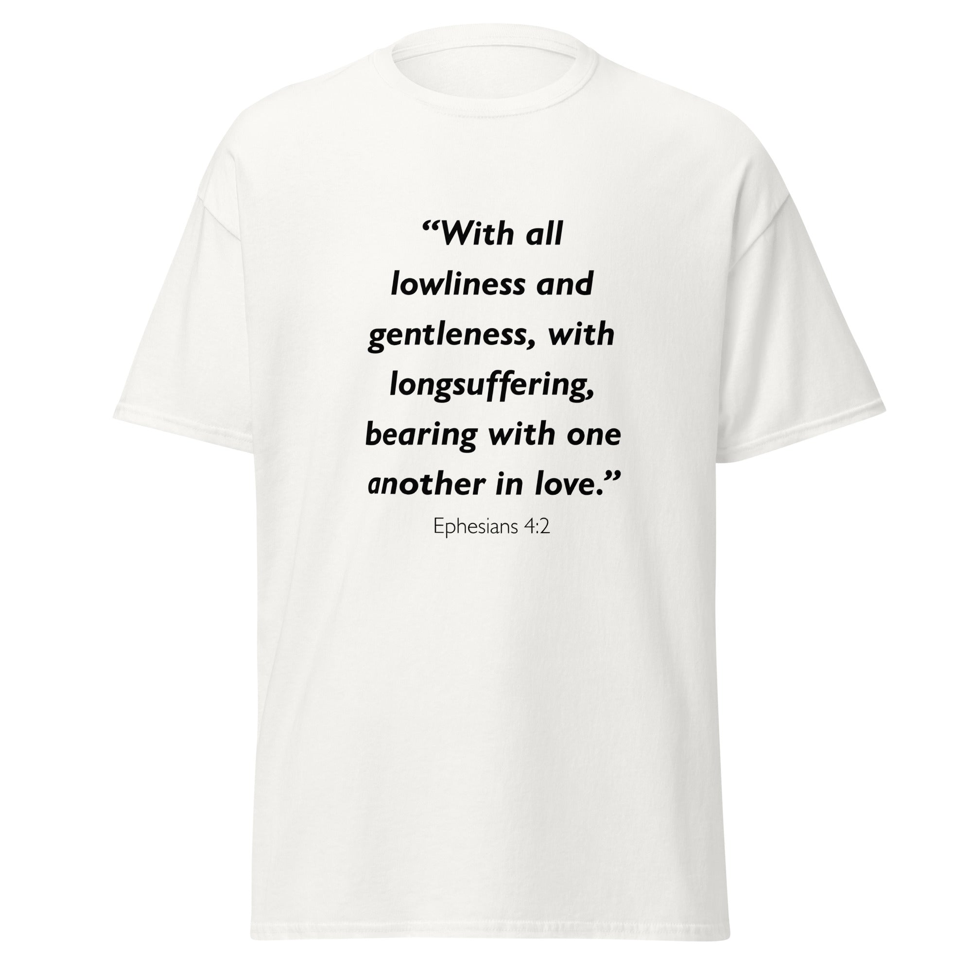 Unisex black t-shirt with Ephesians 4:2 Bible verse printed across the chest