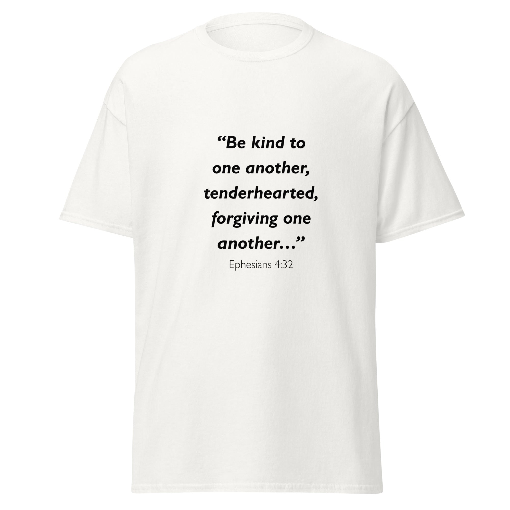Unisex black t-shirt with Ephesians 4:32 Bible verse printed across the chest
