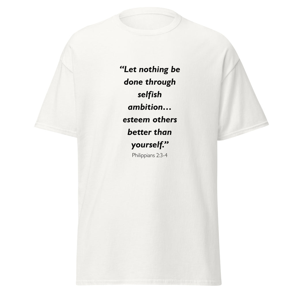 Unisex heather gray t-shirt with Philippians 2:3-4 Bible verse printed across the chest