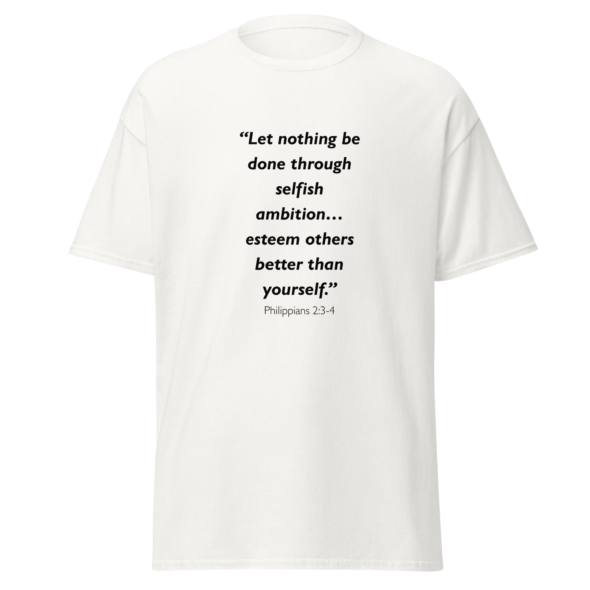 Unisex heather gray t-shirt with Philippians 2:3-4 Bible verse printed across the chest