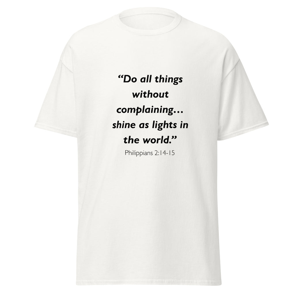 Unisex heather gray t-shirt with Philippians 2:14-15 Bible verse printed across the chest