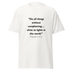 Unisex heather gray t-shirt with Philippians 2:14-15 Bible verse printed across the chest