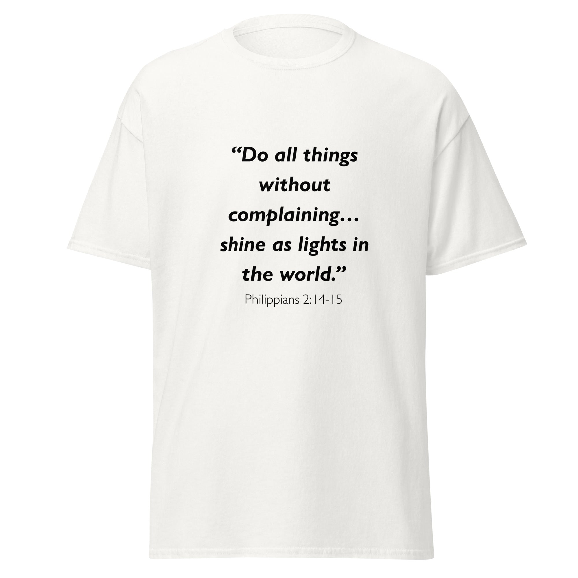 Unisex heather gray t-shirt with Philippians 2:14-15 Bible verse printed across the chest