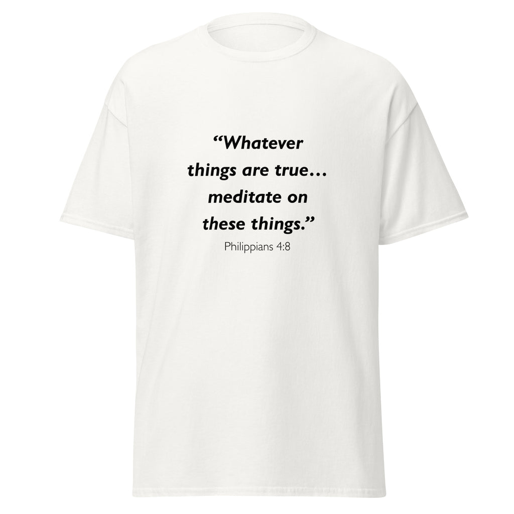 Unisex black t-shirt with Philippians 4:8 Bible verse printed across the chest