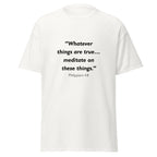 Unisex black t-shirt with Philippians 4:8 Bible verse printed across the chest