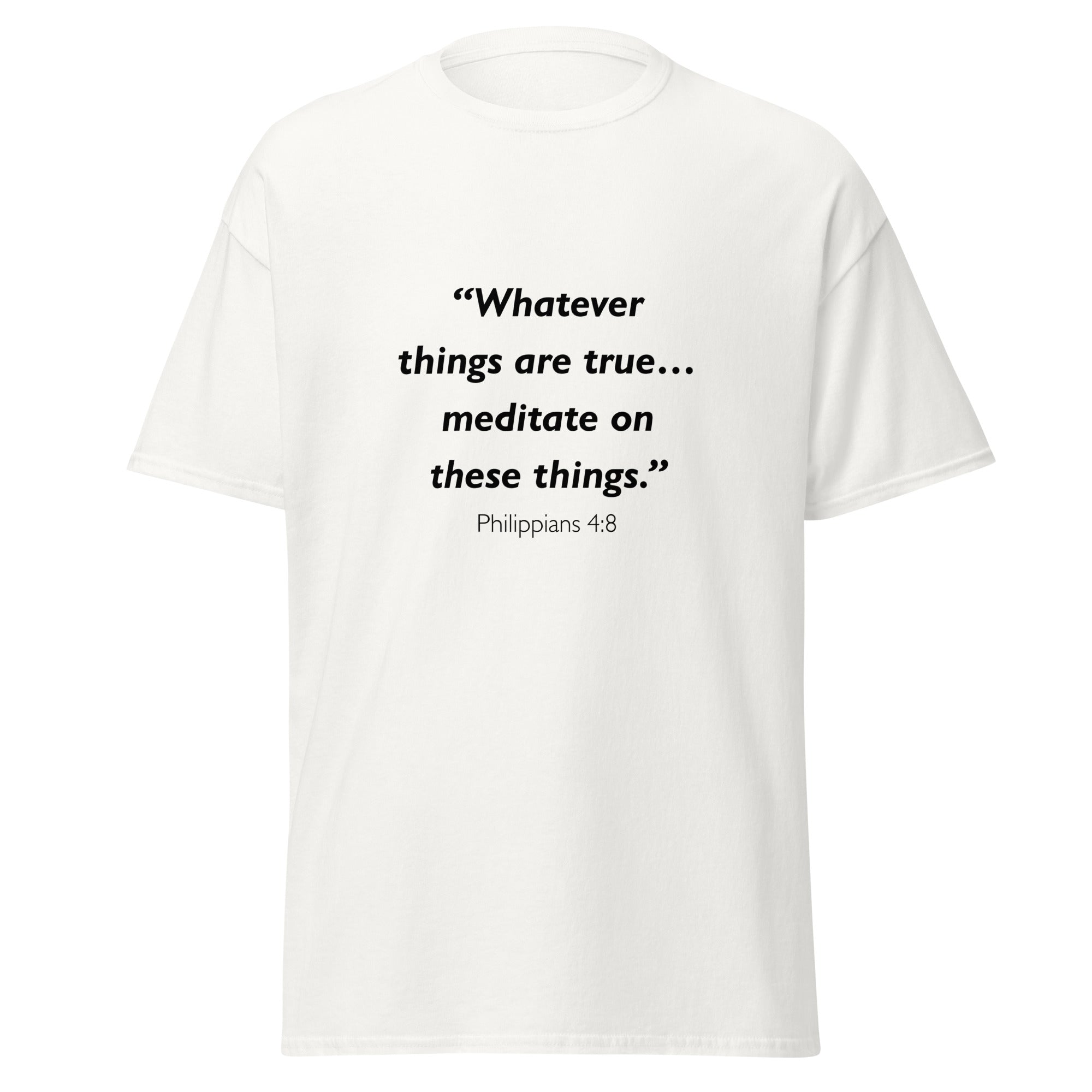 Unisex black t-shirt with Philippians 4:8 Bible verse printed across the chest