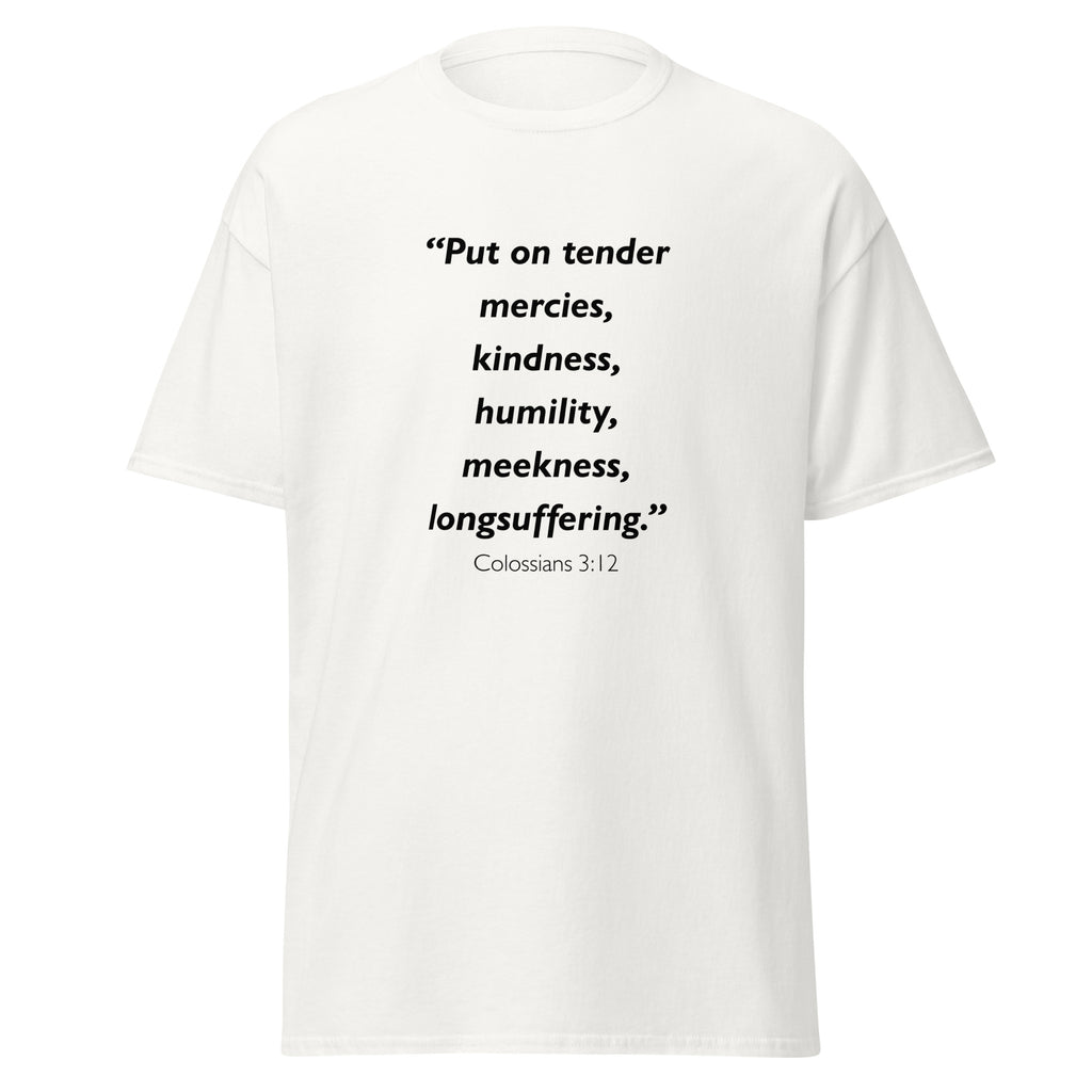 Unisex black t-shirt with Colossians 3:12 Bible verse printed across the chest