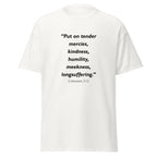 Unisex black t-shirt with Colossians 3:12 Bible verse printed across the chest