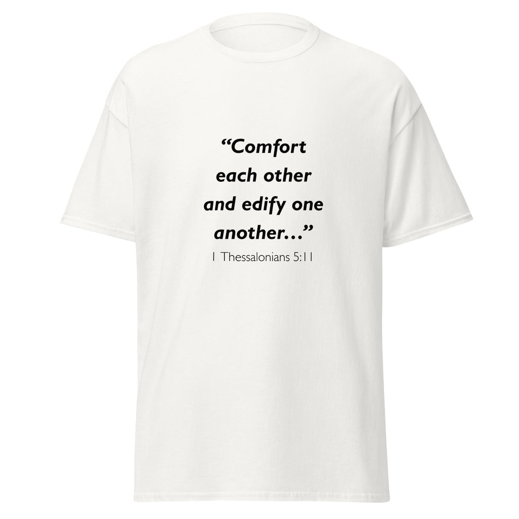 Unisex black t-shirt with 1 Thessalonians 5:11 Bible verse printed across the chest