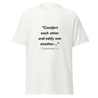 Unisex black t-shirt with 1 Thessalonians 5:11 Bible verse printed across the chest