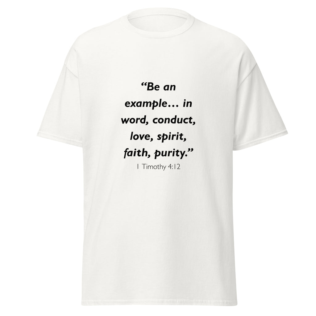 Unisex heather gray t-shirt with 1 Timothy 4:12 Bible verse printed across the chest