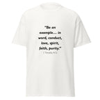 Unisex heather gray t-shirt with 1 Timothy 4:12 Bible verse printed across the chest