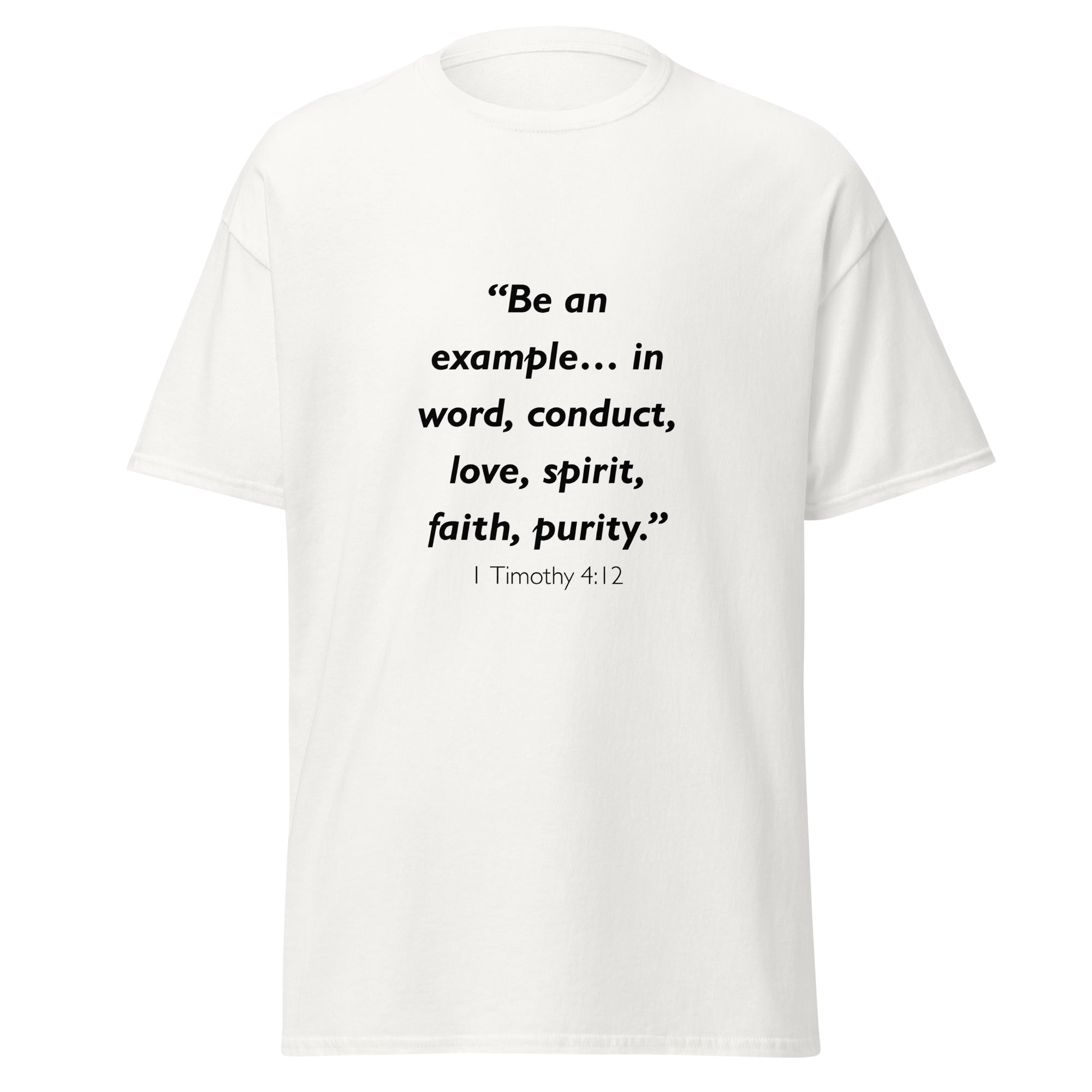 Unisex heather gray t-shirt with 1 Timothy 4:12 Bible verse printed across the chest