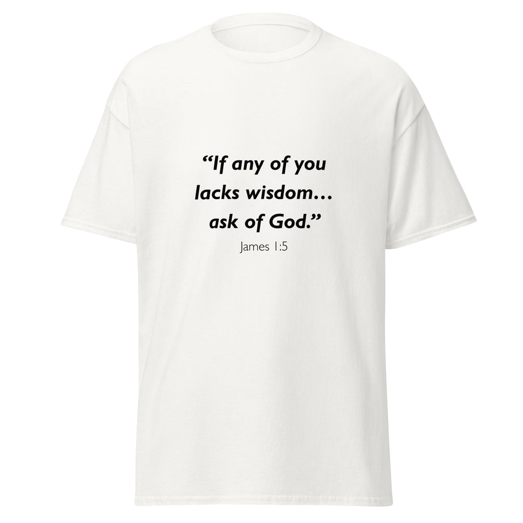Unisex heather gray t-shirt with James 1:5 Bible verse printed across the chest