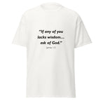 Unisex heather gray t-shirt with James 1:5 Bible verse printed across the chest