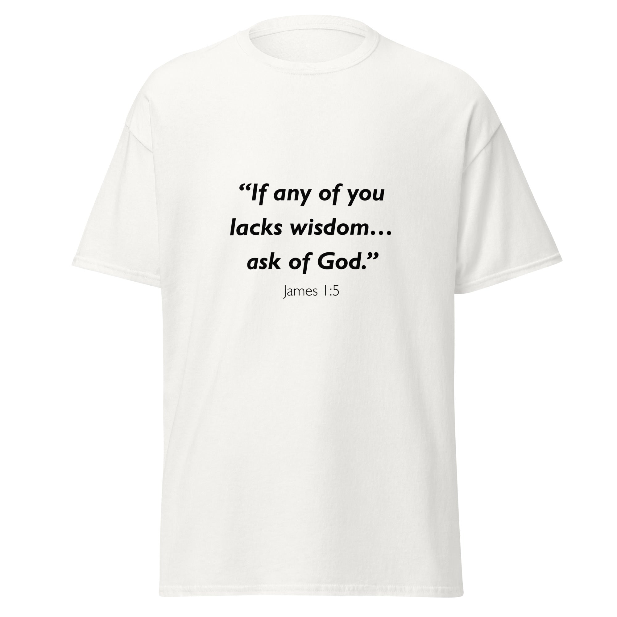 Unisex heather gray t-shirt with James 1:5 Bible verse printed across the chest