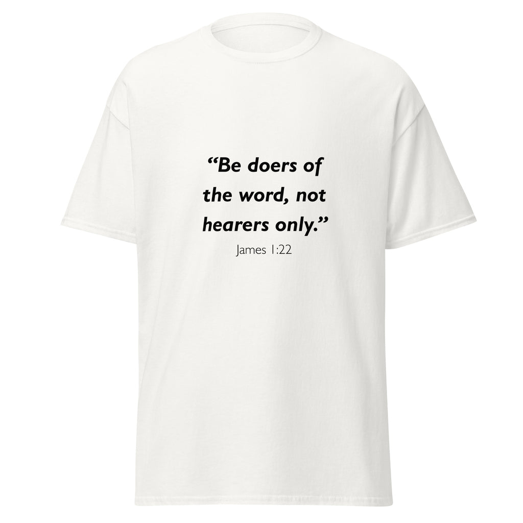Unisex sport gray t-shirt with James 1:22 Bible verse printed across the chest