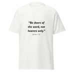 Unisex sport gray t-shirt with James 1:22 Bible verse printed across the chest