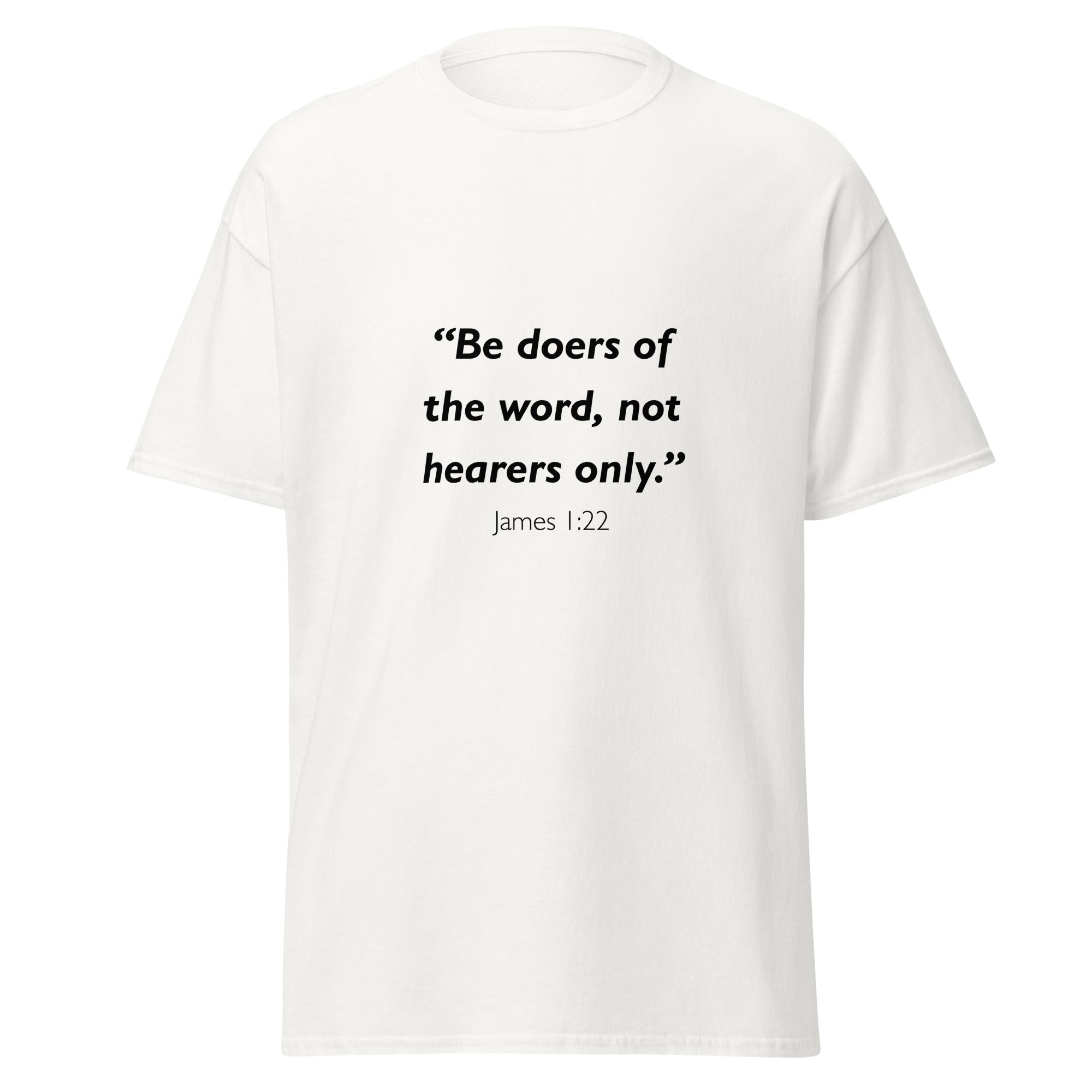 Unisex sport gray t-shirt with James 1:22 Bible verse printed across the chest