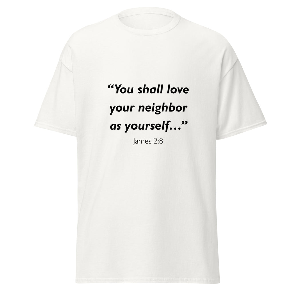 Unisex heather gray t-shirt with James 2:8 Bible verse printed across the chest