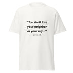 Unisex heather gray t-shirt with James 2:8 Bible verse printed across the chest