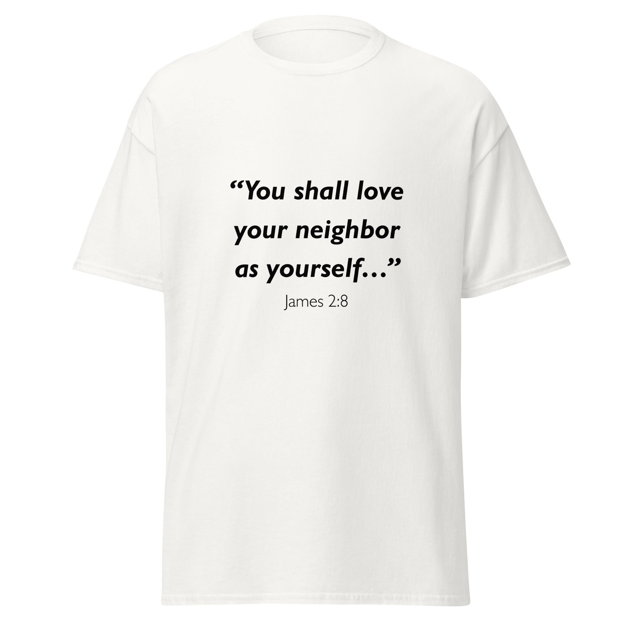 Unisex heather gray t-shirt with James 2:8 Bible verse printed across the chest