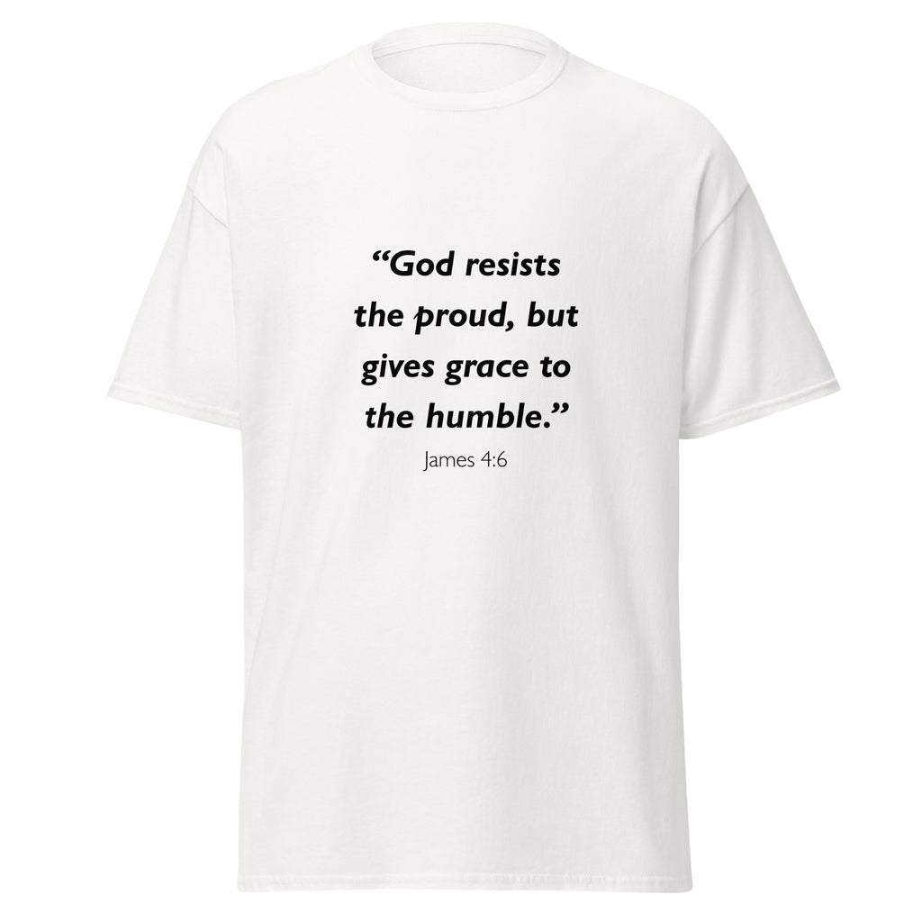 Unisex heather gray t-shirt with James 4:6 Bible verse printed across the chest