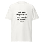 Unisex heather gray t-shirt with James 4:6 Bible verse printed across the chest
