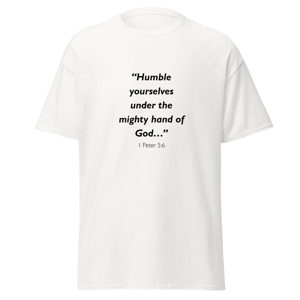 Unisex black t-shirt with 1 Peter 5:6 Bible verse printed across the chest