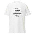 Unisex black t-shirt with 1 Peter 5:6 Bible verse printed across the chest