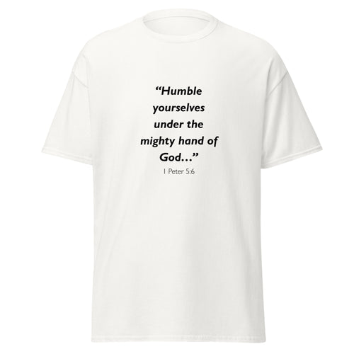 Unisex black t-shirt with 1 Peter 5:6 Bible verse printed across the chest