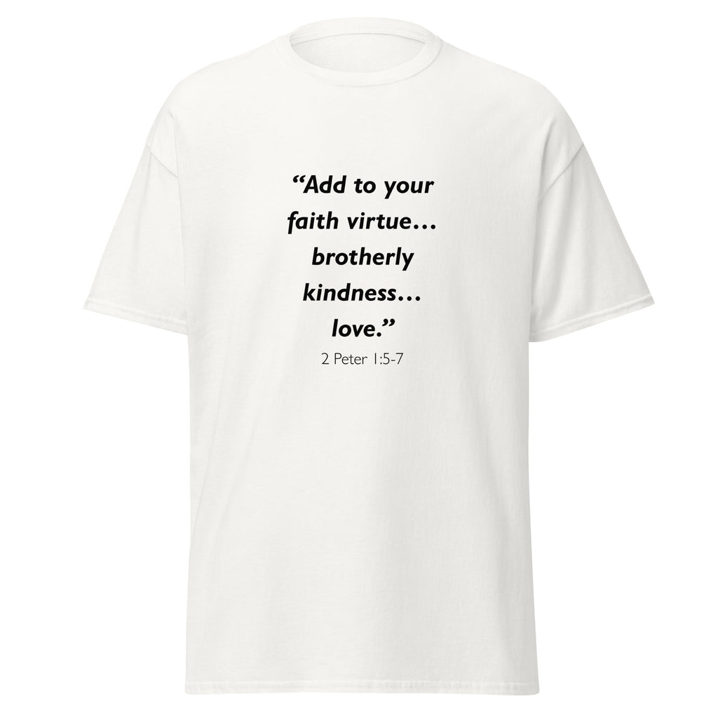 Unisex black t-shirt with 2 Peter 1:5-7 Bible verse printed across the chest