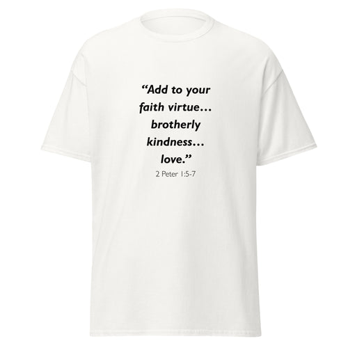 Unisex black t-shirt with 2 Peter 1:5-7 Bible verse printed across the chest