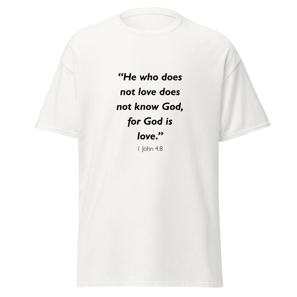 Unisex black t-shirt with 1 John 4:8 Bible verse printed across the chest