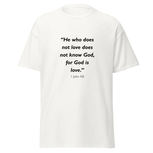 Unisex black t-shirt with 1 John 4:8 Bible verse printed across the chest