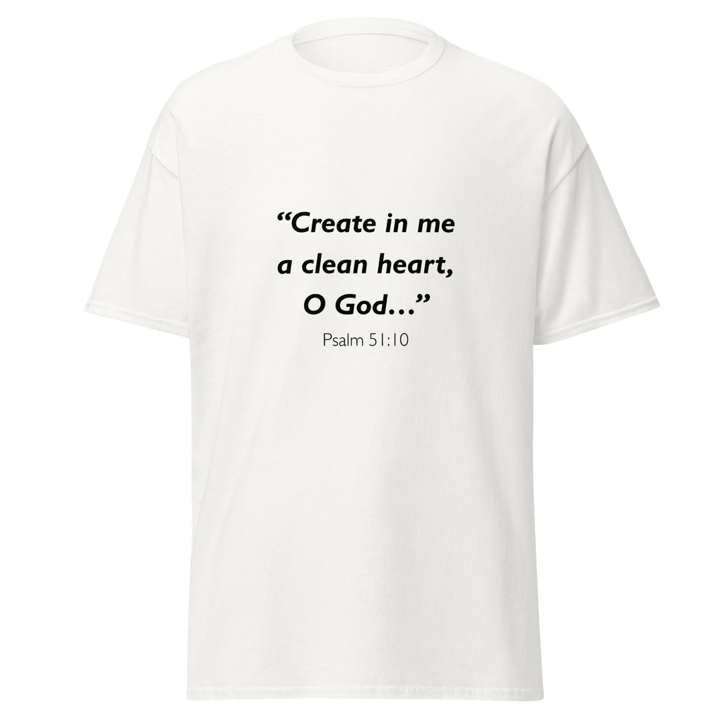 Unisex black t-shirt with Psalm 51:10 Bible verse printed across the chest