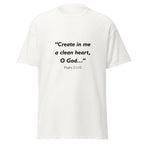 Unisex black t-shirt with Psalm 51:10 Bible verse printed across the chest