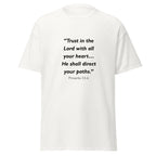 Unisex heather gray t-shirt with Proverbs 3:5-6 Bible verse printed across the chest