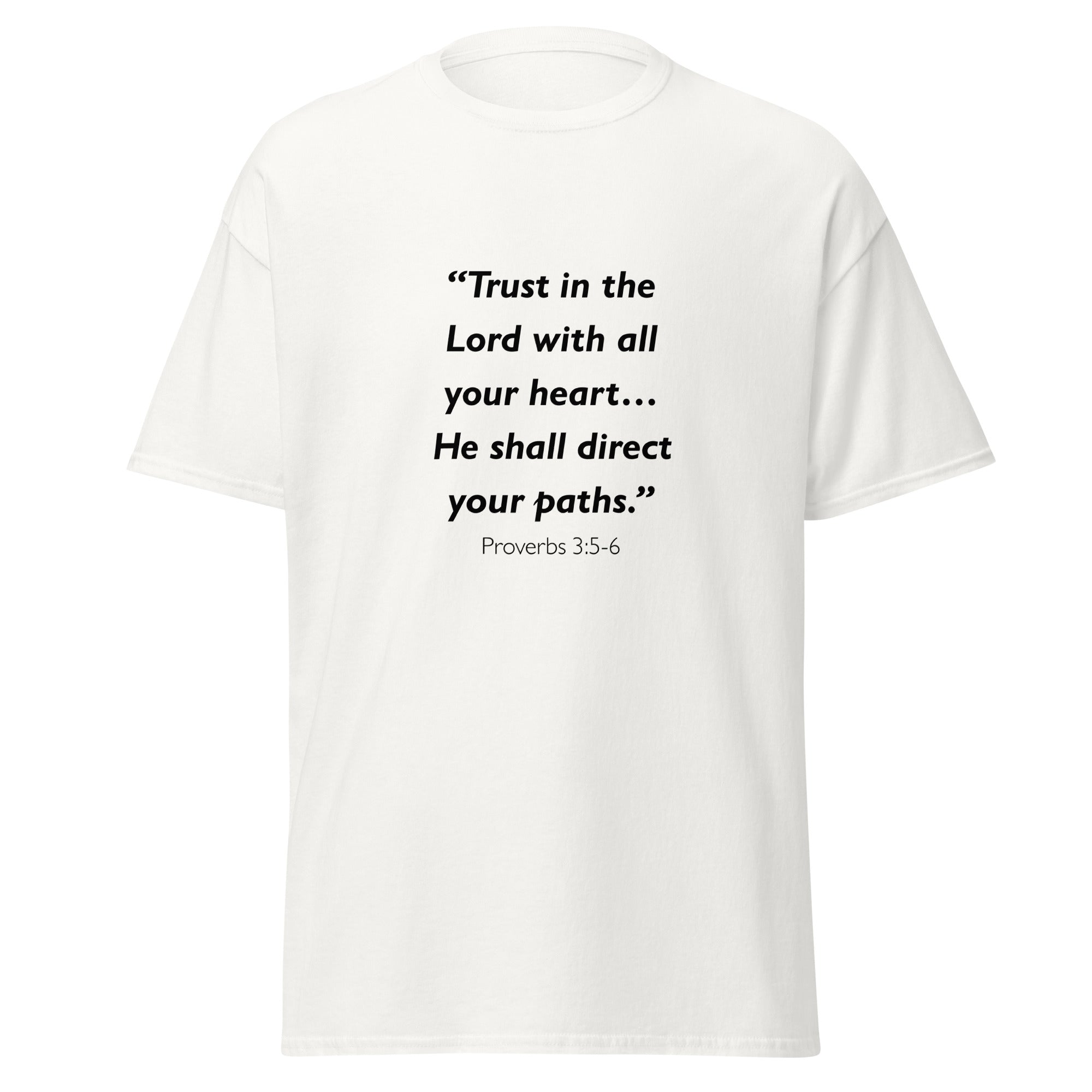 Unisex heather gray t-shirt with Proverbs 3:5-6 Bible verse printed across the chest